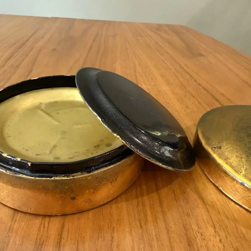 Coaster Set of 6 Gold Tone Metal Aged Patina Black Lacquer Round Wood Box Japan